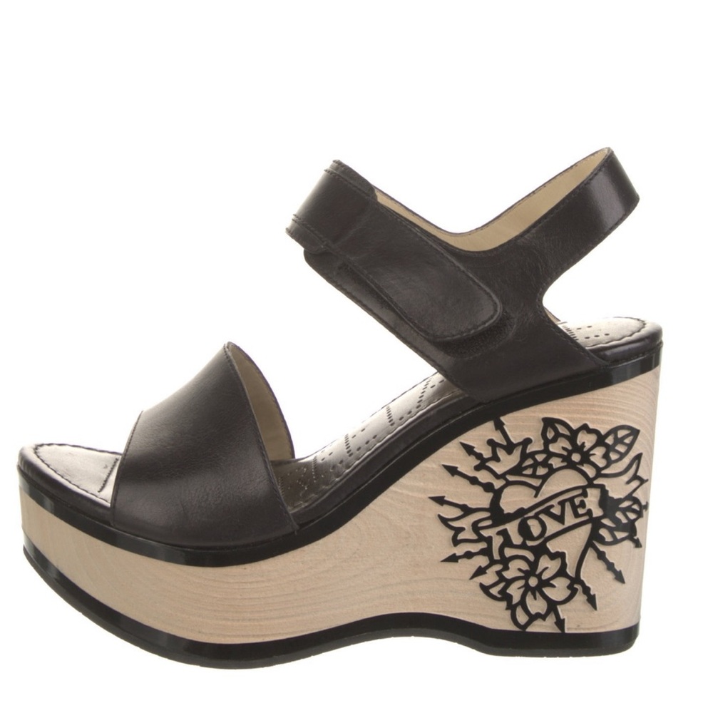 Free Lance Paris Black Leather Slingback Tattoo Engraved Platform Wedge Shoes 6